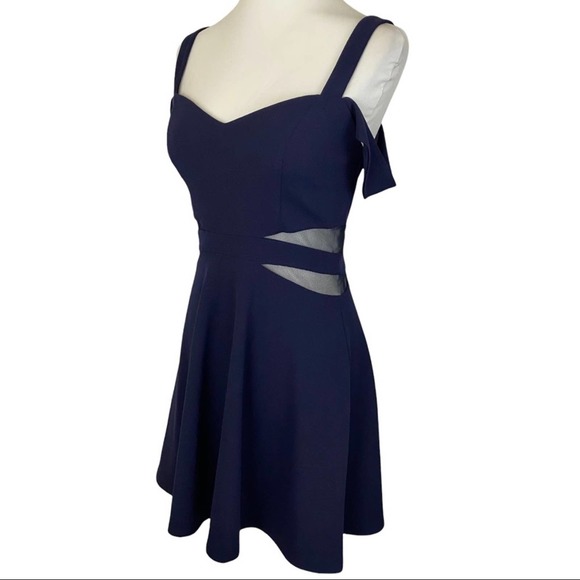 XTRAORDINARY | Navy Blue Cold Shoulder Sheer Cutout Mini Party Cocktail Dress - Picture 8 of 16